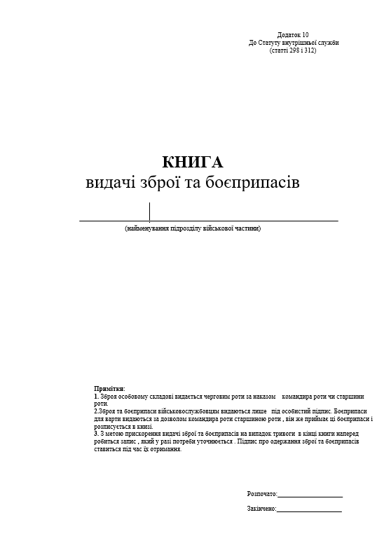 Книга видачі зброї та боєприпасів (додаток 10)